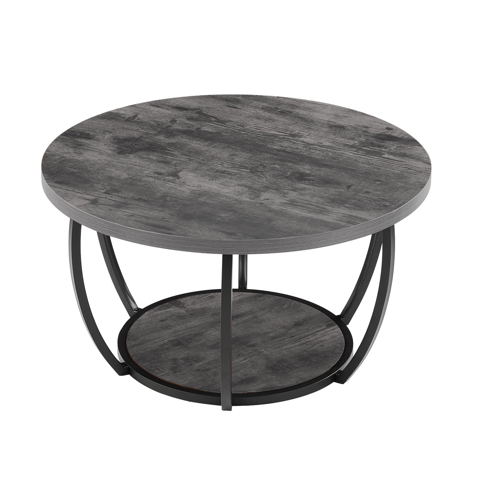 KFFKFF Round Coffee Table, Modern 2-Tier Wooden Center Table with Open Storage, Minimalist Design with Sturdy Metal Frame for Living Room or Office, Easy to Assemble, Grey