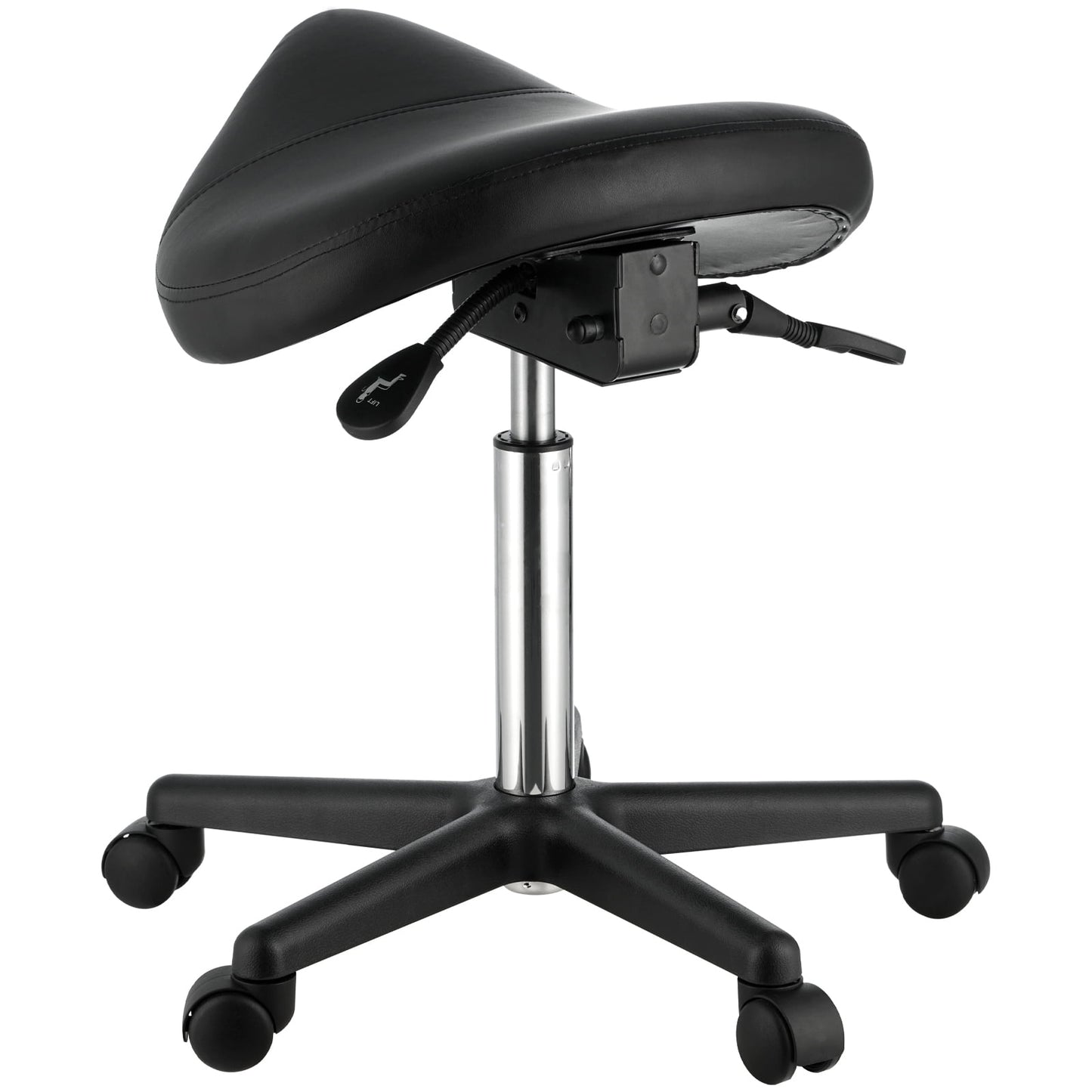 KFFKFF Saddle Stool with Wheels, 400 LBS Weight Capacity Ergonomic Rolling Saddle Stool, Height Adjustable Thickened PU Leather Swivel Saddle Stools Chair for Salon, Spa, Tattoo, Clinic, Black