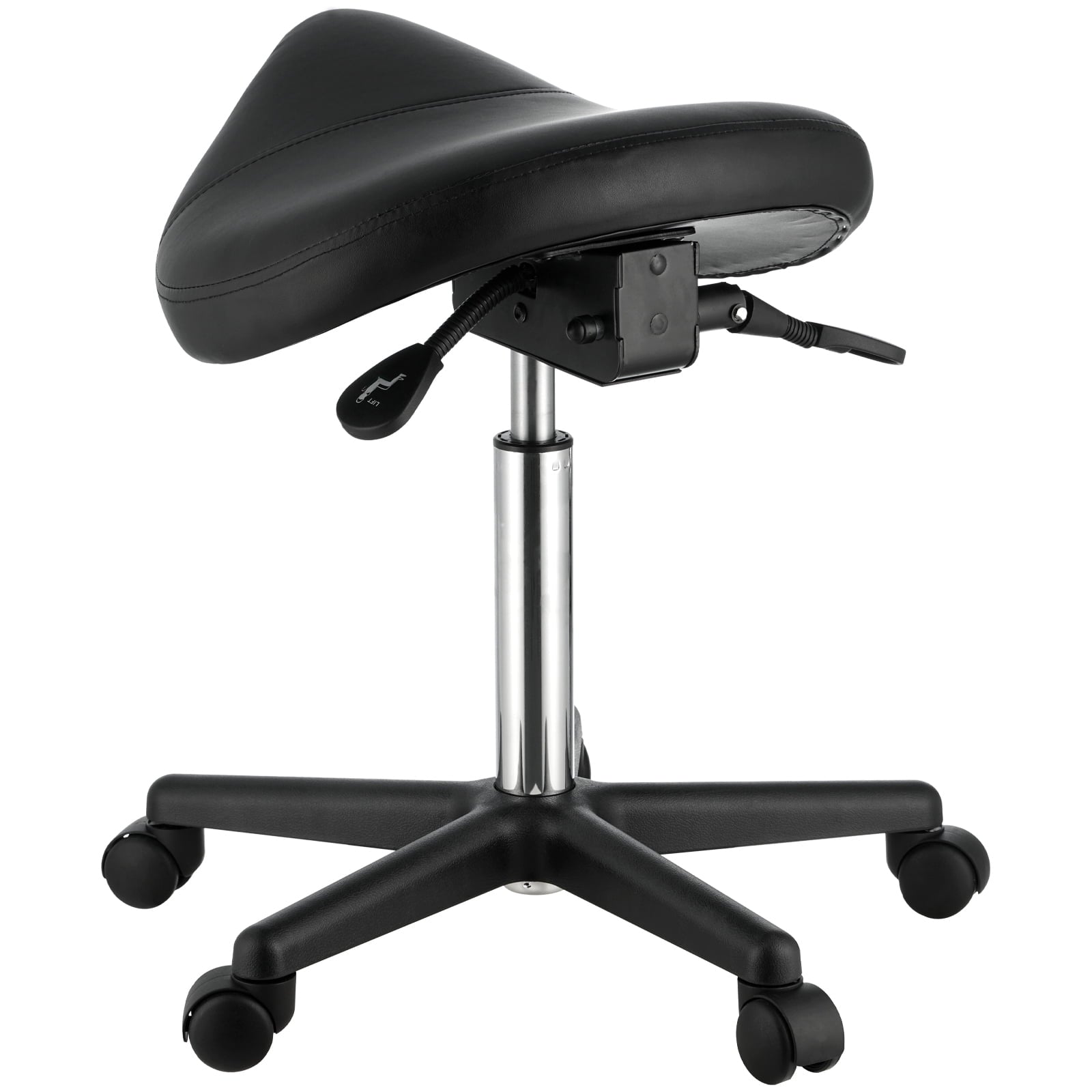 KFFKFF Saddle Stool with Wheels, 400 LBS Weight Capacity Ergonomic Rolling Saddle Stool, Height Adjustable Thickened PU Leather Swivel Saddle Stools Chair for Salon, Spa, Tattoo, Clinic, Black