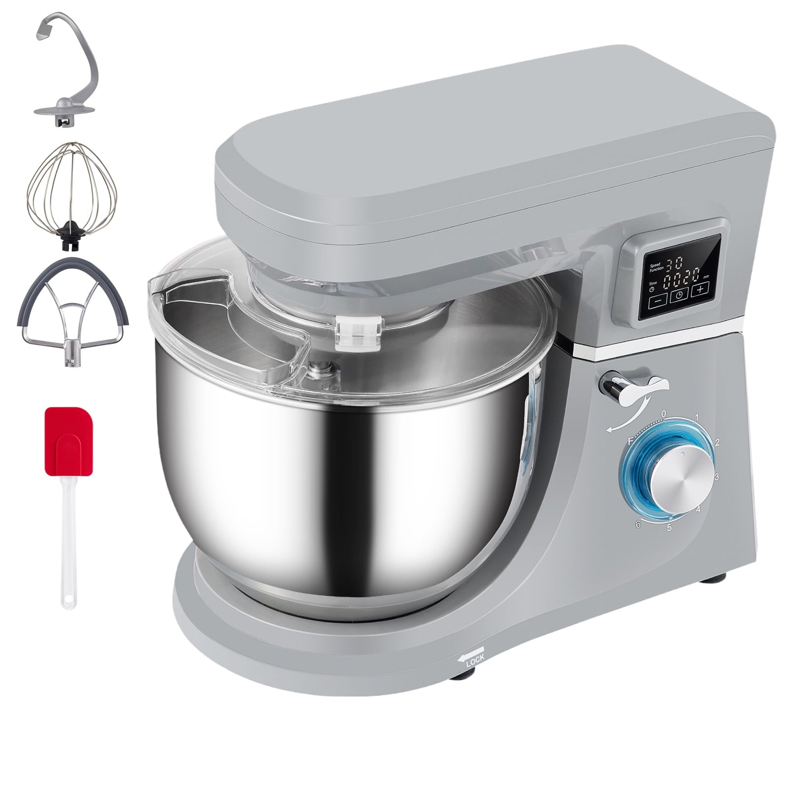 KFFKFF Stand Mixer, 660 Watt, 6-Speed ​​Dough Mixer with LCD Timer, Tilt-Head Food Mixer with 7.4-Quart Stainless Steel Bowl Dough Hook Flat Beater Mixing Spatula Splash-proof Lid, Gray, 120 Volt