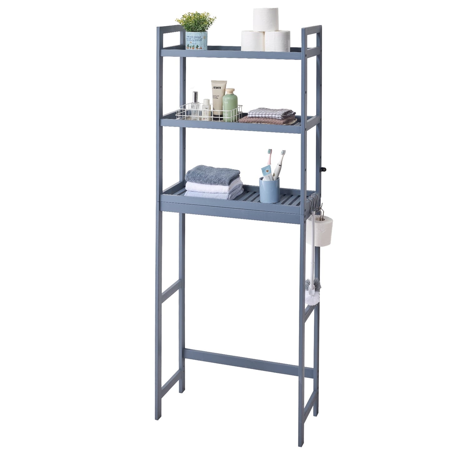 KFFKFF Above Toilet Organizer, 3-Level Bamboo Shelf with Adjustable Heights, Includes 3 Hooks, Freestanding Assembly for Bathroom and Laundry, Universally Compatible