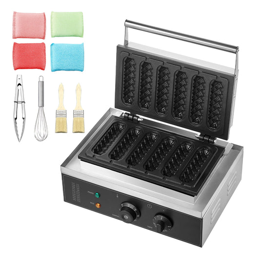 KFFKFF Waffle Stick Maker for Commercial Use, 6-Slot 1500W, Durable Non-Stick Coating, Stainless Steel, Adjustable Temperature and Timer, with Handle, Ideal for Cafes, Bakeries, Snack Shops