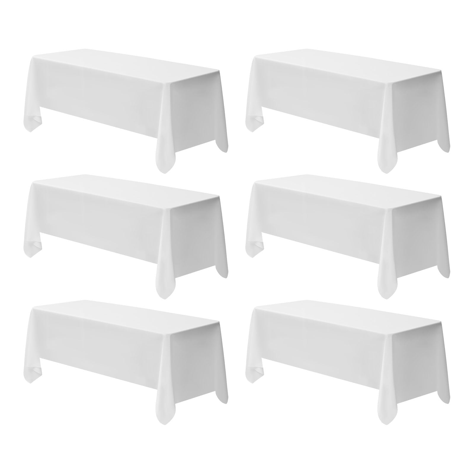 KFFKFF White Tablecloths for Rectangular Tables, 6 Pack, 70 x 120 Inches, Durable and Washable Polyester Fabric, Wrinkle-Resistant Table Covers for Events, Parties, and Banquets