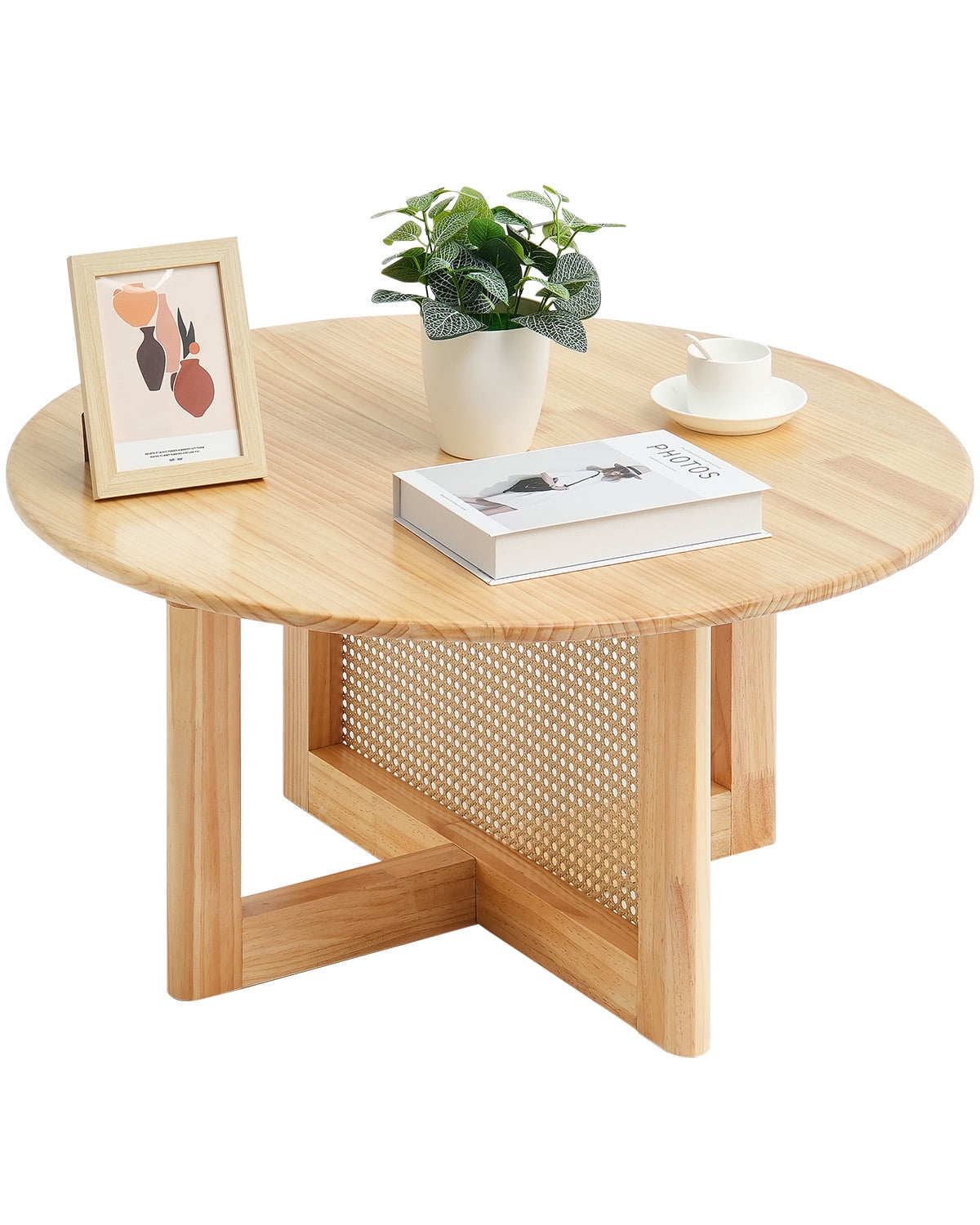 KFFKFF Wicker Coffee Table, Circular Rattan Weaved Wood Table with Rubber Wood Surface, 33 in Contemporary Bohemian Round Storage Table with Organic Wood Stands, Suitable for Lounge