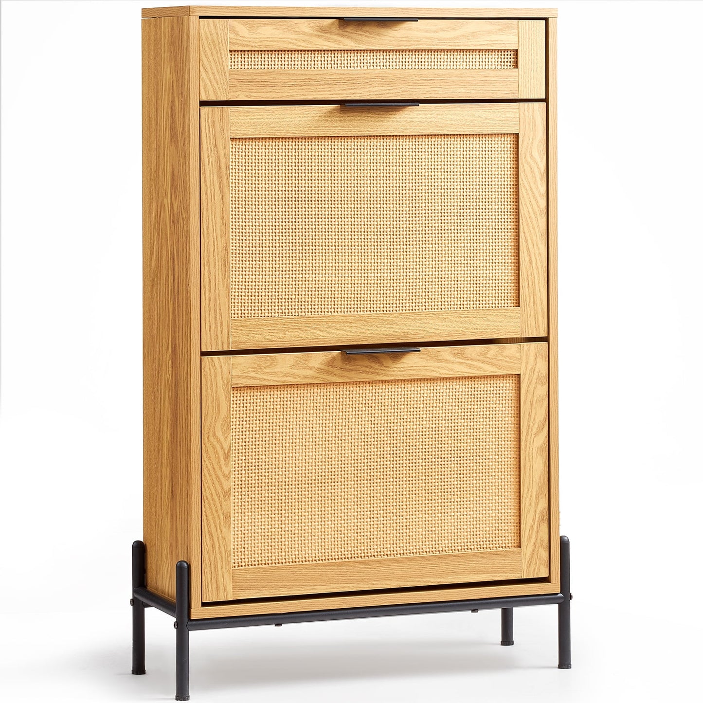 KFFKFF Rattan Shoe Cabinet,Compact Footwear Storage with 2 Flip Wicker Compartments,1 Sliding Compartment,Metallic Supports,25.47 x 10.35 x 40.47 in