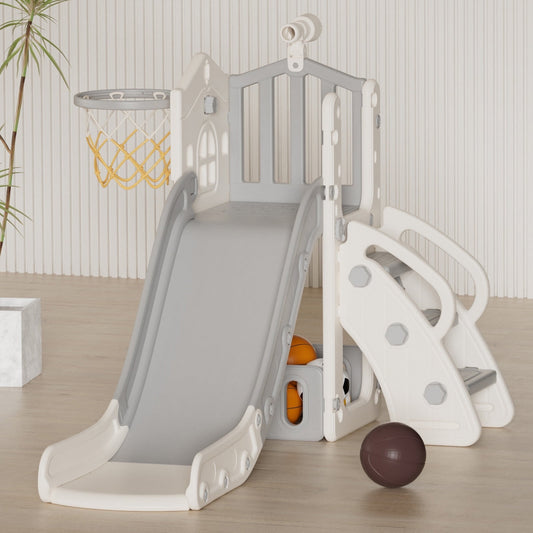 KORIMEFA 6-in-1 Toddler Slide for Toddler Age 1-3,Kids Climber Slider for Indoor Outdoor Playground with Basketball Hoop,Storage and Telescope,L Shaped Slide for Toddler Climber Playset
