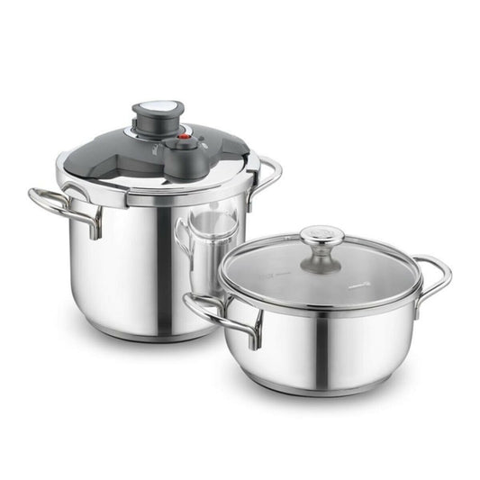 KORKMAZ Alia Stainless Steel Cookware and Pressure Pot, Pressure Cooker with Pressure Settings and Cookware with Glass Lid, 6.34+3.17 Quarts