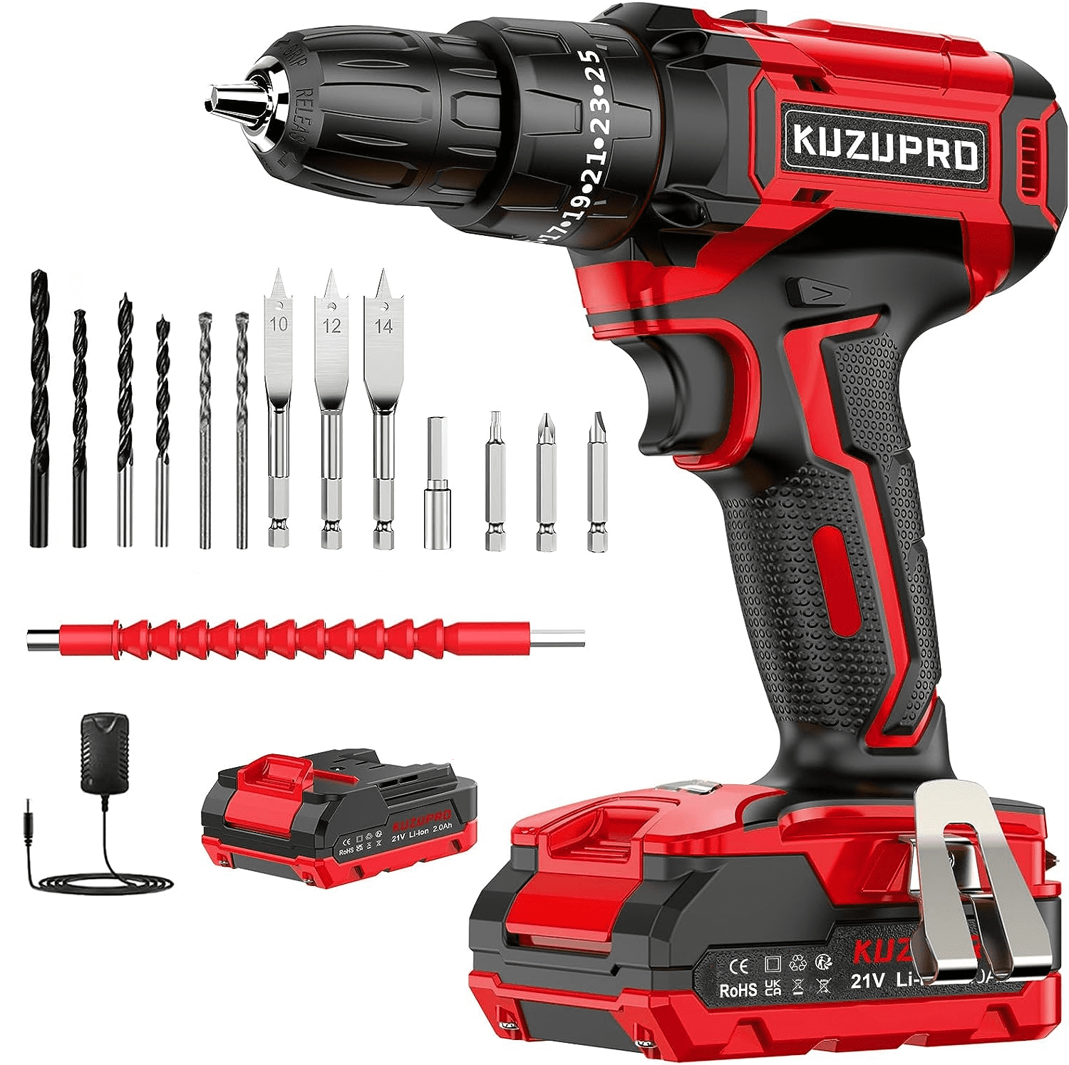 KUZUPRO Cordless Drill Set 21V,  Electric Power Drill Kit with 2.0Ah Battery and Charger, 372 In-lbs Max, Combo Kit with 3/8'' Keyless Chuck and 14pcs Drill Bits