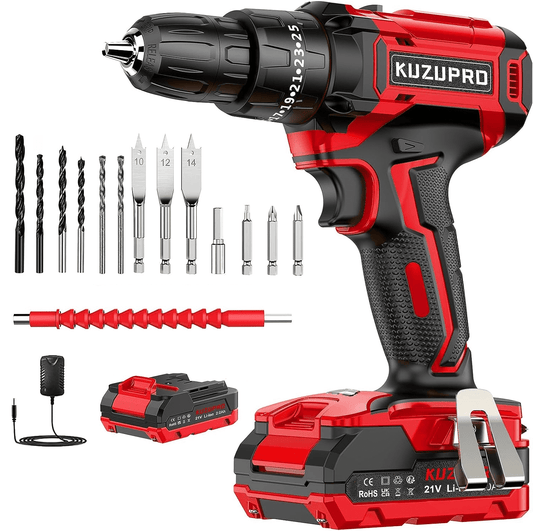 KUZUPRO Cordless Drill Set 21V,  Electric Power Drill Kit with 2.0Ah Battery and Charger, 372 In-lbs Max, Combo Kit with 3/8'' Keyless Chuck and 14pcs Drill Bits