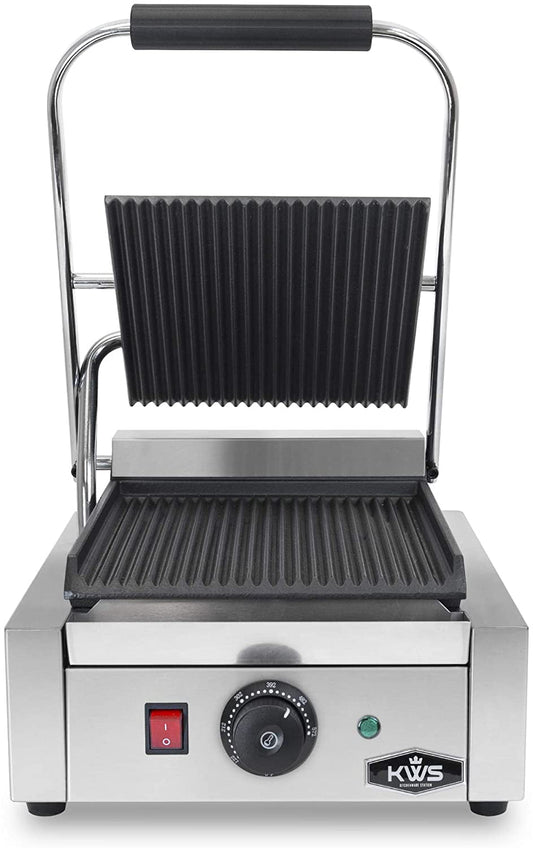 KWS PM-16 Premium 110V Electric Commercial 1600W Panini Grill with Grooved Plates - 9.25" x 8.8" Cooking Surface Restaurant/Deli/Butcher Shop