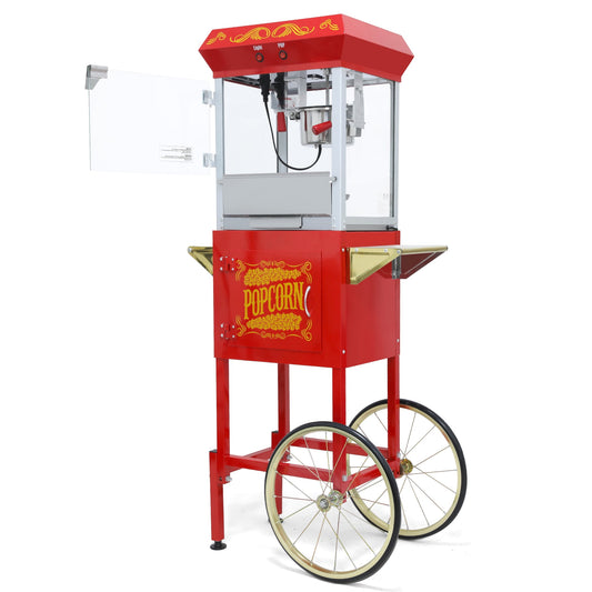 Kaitu 8oz Popcorn Machine with Cart, Vintage Red Popper with Stainless Kettle, Warming Deck, Drawer