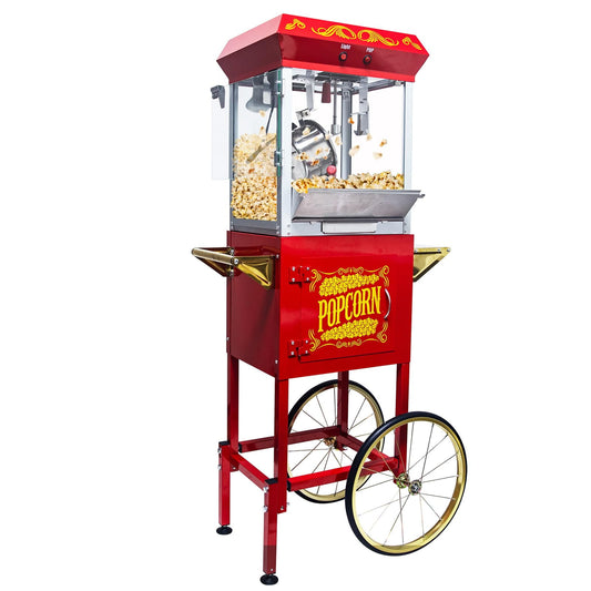 Joqixon Popcorn Machine Maker With 8 Oz Kettle Makes Up to 32 Cups Popcorn Machine Cart Vintage-Style Popper on Wheels Popcorn Machines for Home - Red