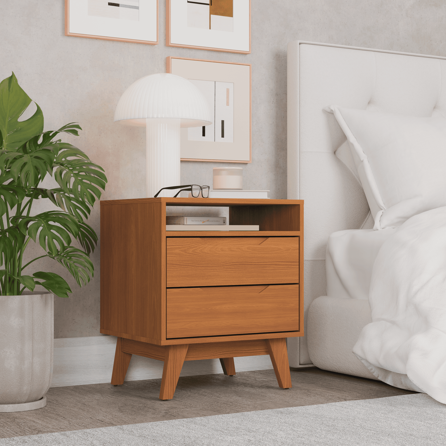 Kappesberg Paris 2-Drawer Nightstand with Open Shelf and Built-in Handles - Golden Oak - for Adults and Teens