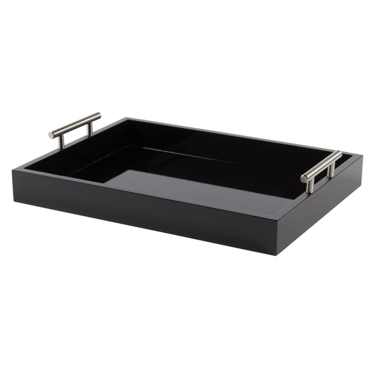 Kate and Laurel Lipton Decorative Tray with Polished Metal Handles, Black and Silver