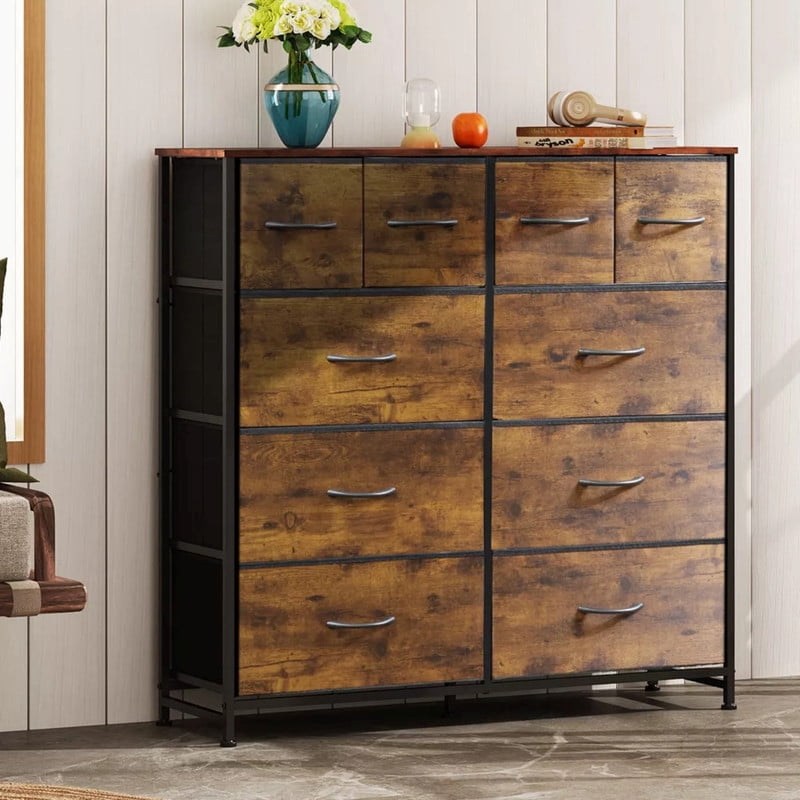 Kelno 10 Drawers Fabric Cabinet Metal Frame Wide Wood Top Tall Storage Tower TV Stand Clothes Organizer for Bedroom Living Room,Rust Brown