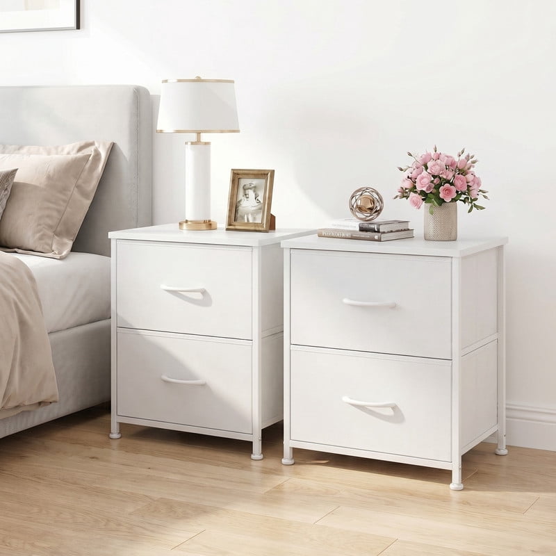 Kelno 2PCS Nightstand 2-Drawer Fabric Storage Dresser Small Bedside Table Wood Top, White