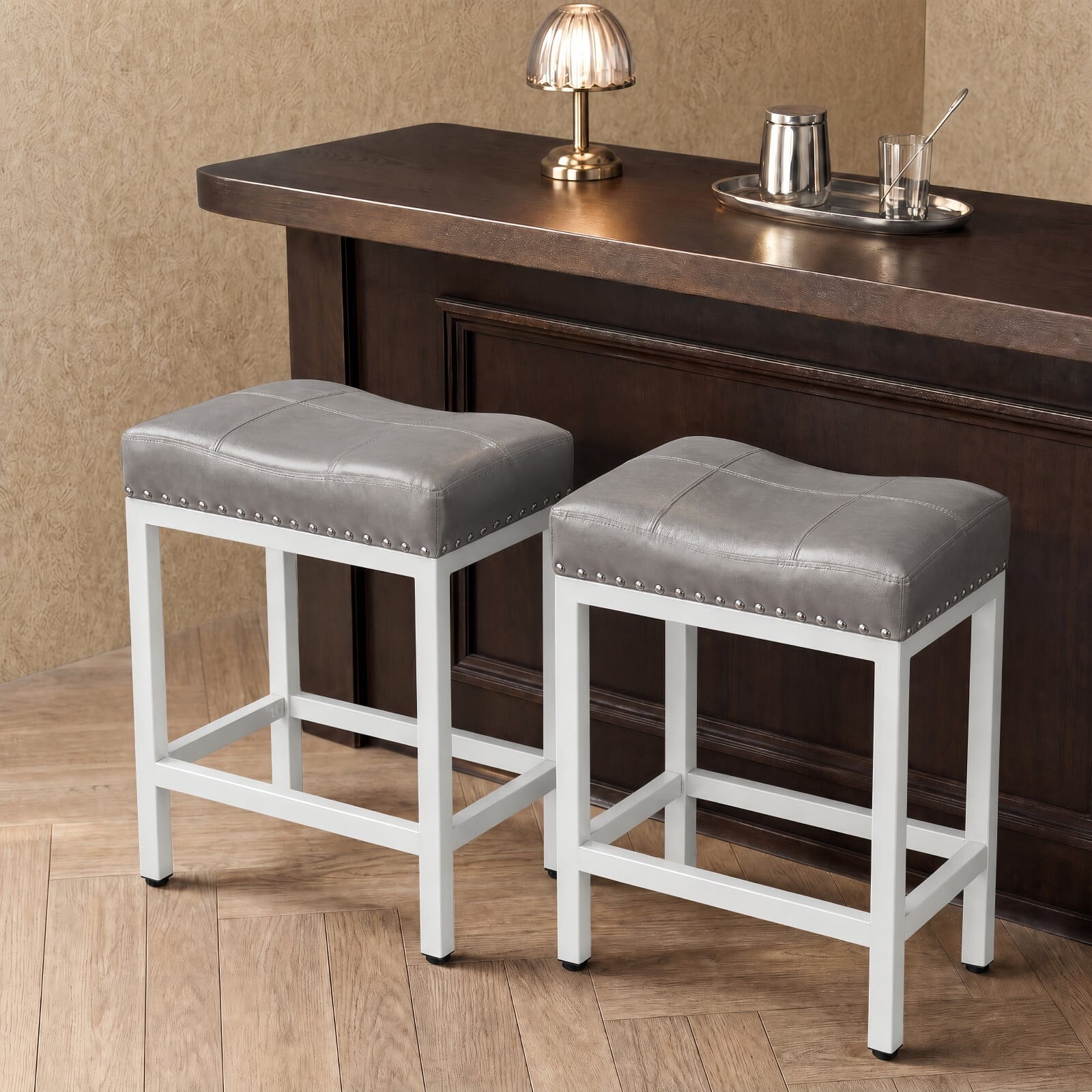 Kelno 24 Inch Saddle Bar Stool Set of 2 PU Leather Counter Stools with Steel Frame and Footrest, Gray