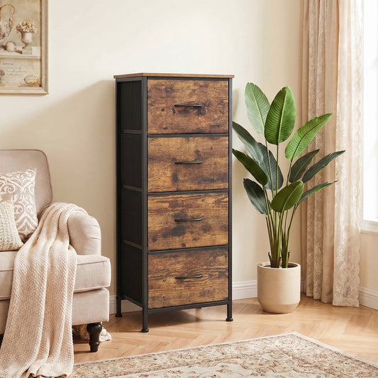 Kelno 4 Drawers Fabric Dresser Tall Chest of Drawers with Steel Frame Wood Top, Rustic Brown
