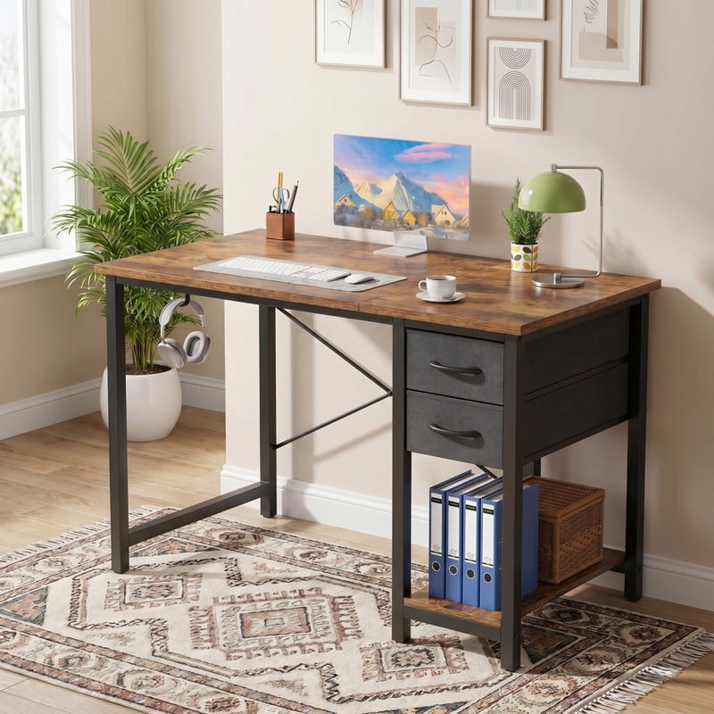 Kelno 40 Inch Computer Desk with 2 Fabric Drawers Home Office Work Table with Side Hook Adjustable Storage Shelf, Rustic Brown