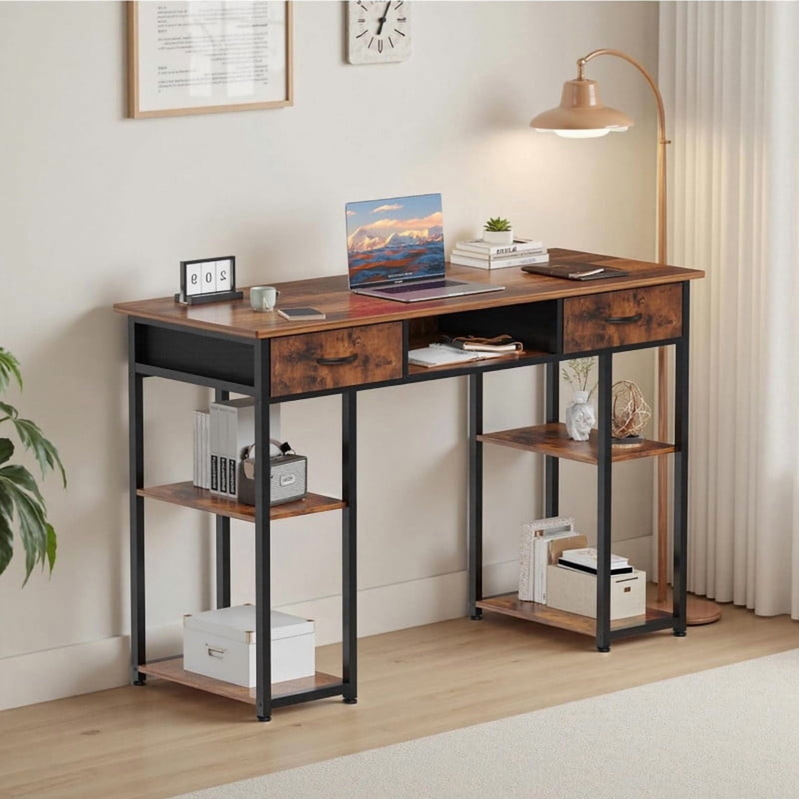 Kelno 48 Inch Computer Desk with Storage Shelf 2 Fabric Drawer Vanity Writing Table, Rustic Brown
