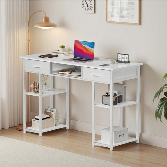 Kelno 48 Inch Computer Desk with Storage Shelf 2 Fabric Drawer Vanity Writing Table, White