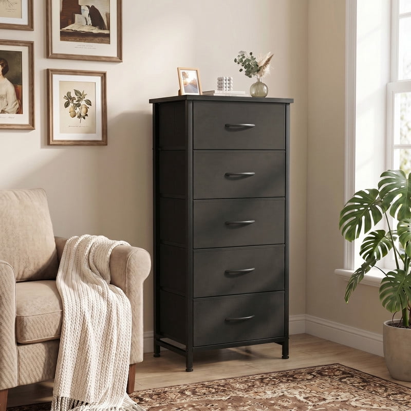 Kelno 4 Drawer Fabric Dresser Steel Frame Storage Chest Organizer with Wood Top, Gray