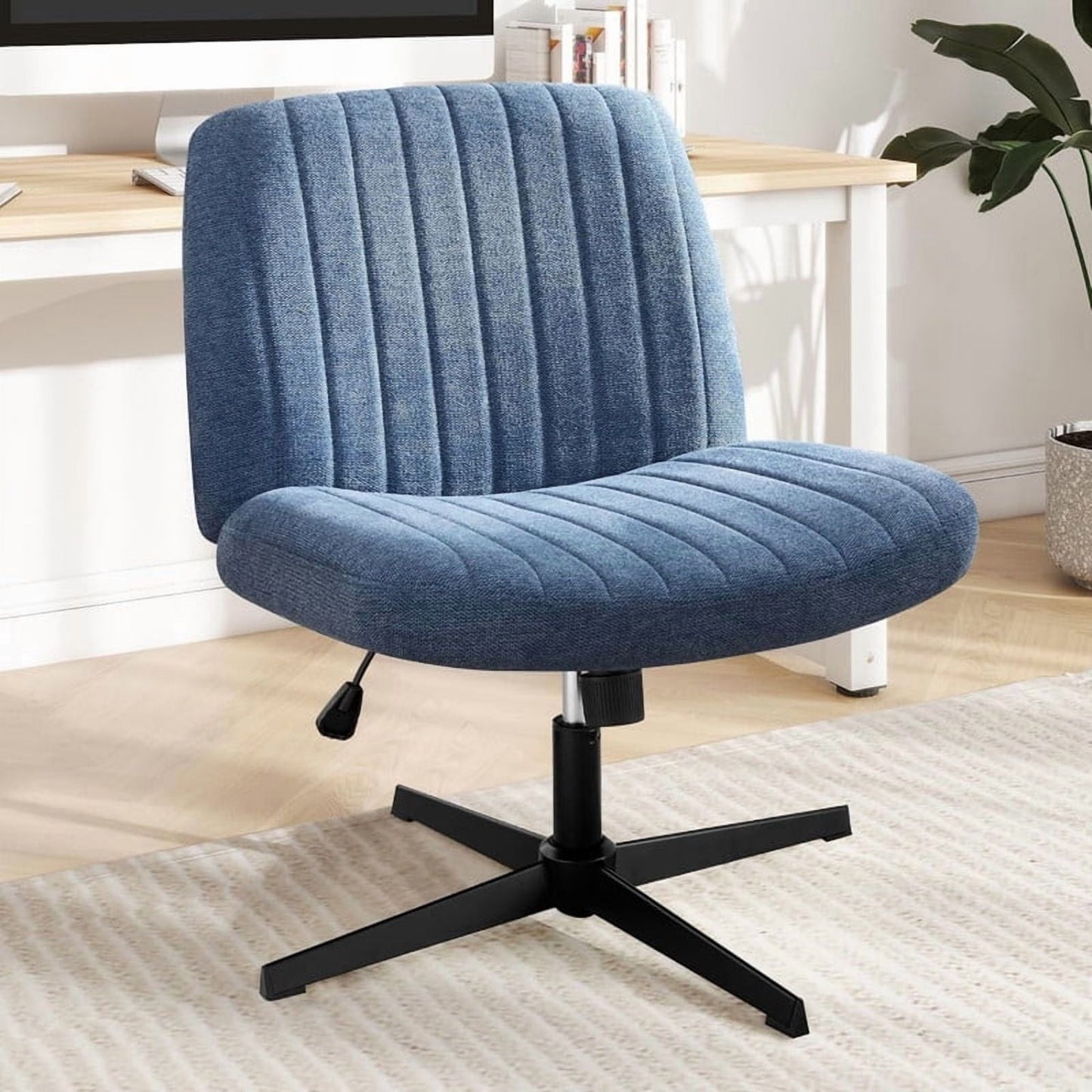 Kelno PU Leather Cross Legged Desk Chair Wide Seat Chair Ergonomic Height Adjustable Swivel Office Vanity Chair, Black