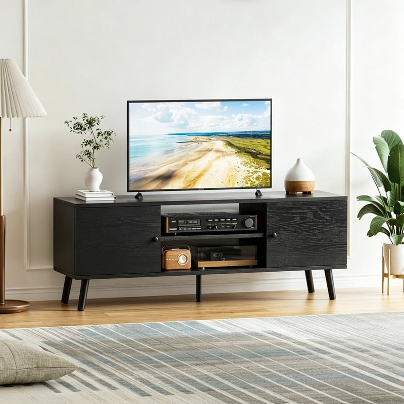 Kelno TV Stand for 55-60 Inch TV Mid Century Entertainment Center with Adjustable Shelves Storage Cabinet, Black