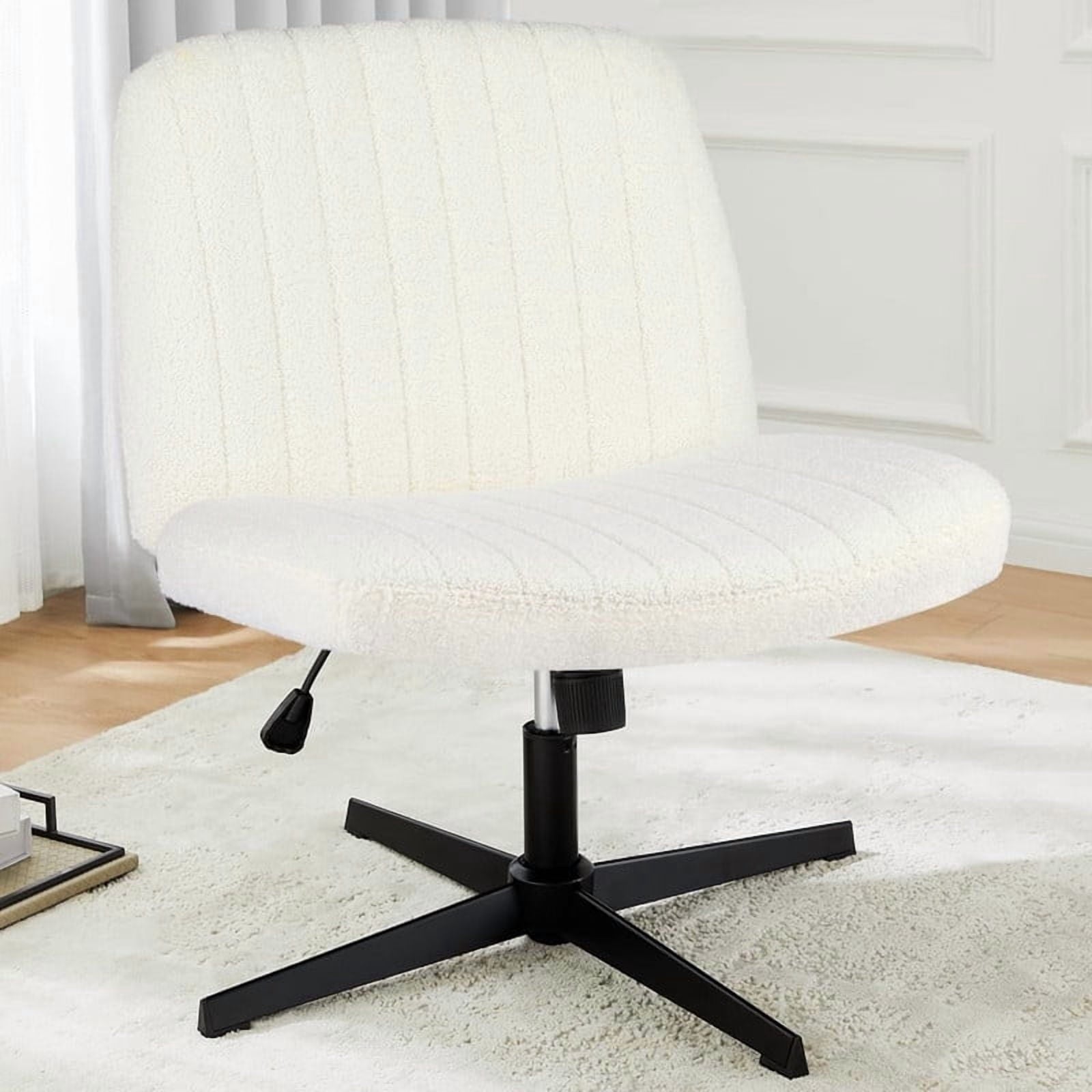 Kelno Teddy Cross Legged Desk Chair Wide Seat Chair Ergonomic Height Adjustable Swivel Office Vanity Chair, Beige