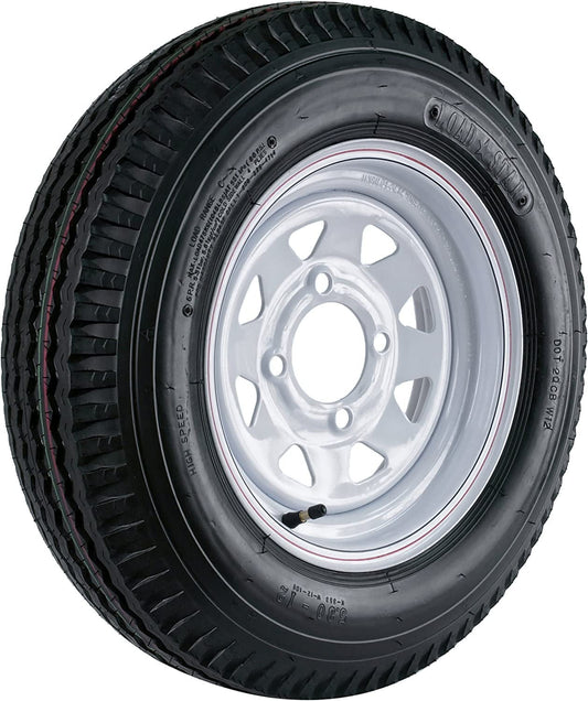 Kenda Loadstar 12x4"/4x4" Custom Spoke Wheel with White Powder-Coat Pinstripe Finish LRC and Trailer Tire Assembly 530-12