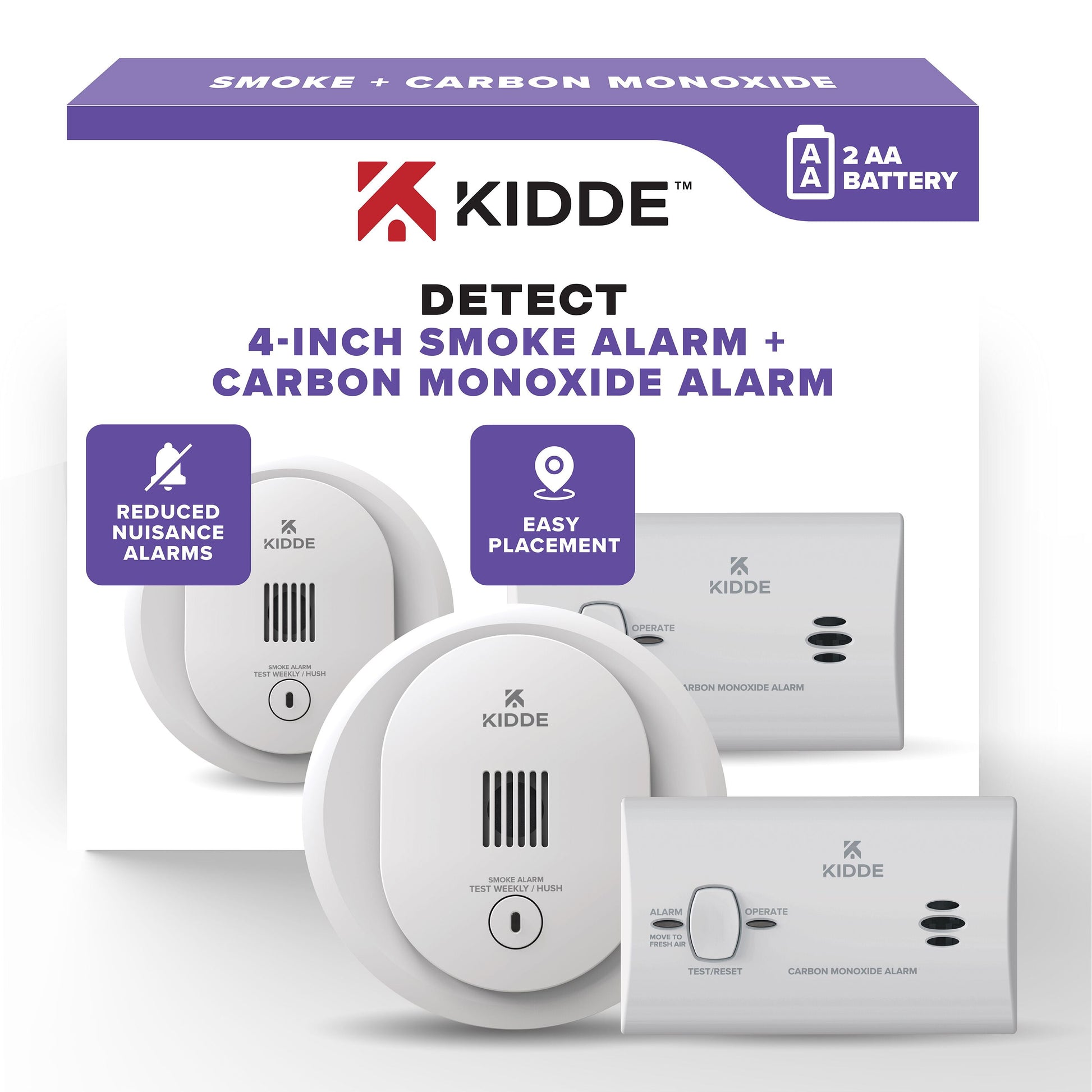 (2 pack) Kidde Battery-Operated 4-inch Smoke Detector & Carbon Monoxide Value Pack, Batteries Included