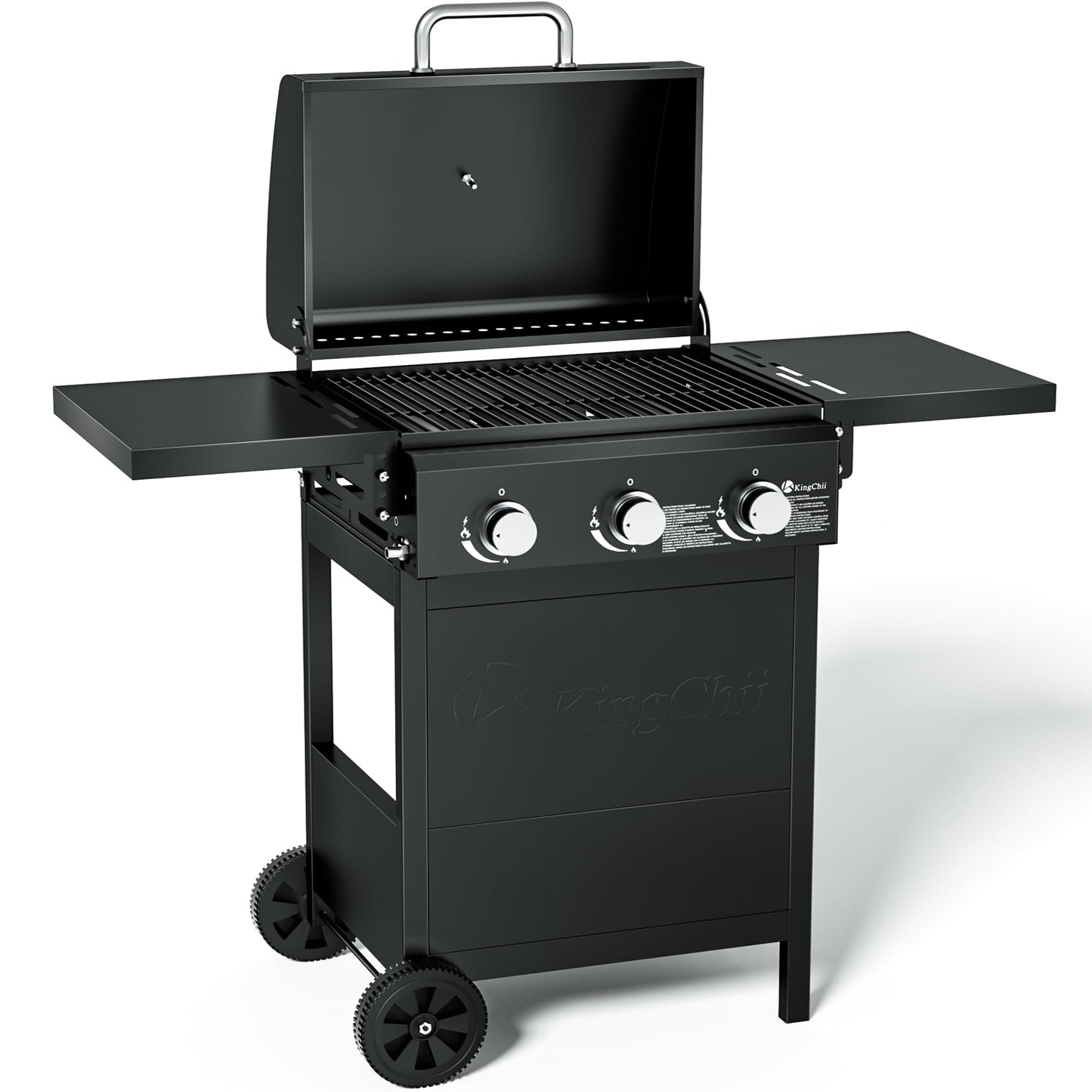 Kingchii 3-Burner Propane Grill, 28,500 BTU BTUs Gas Grill with Foldable Side Tables, Built-in Thermometer for Outdoor Grilling, BBQs and Camping