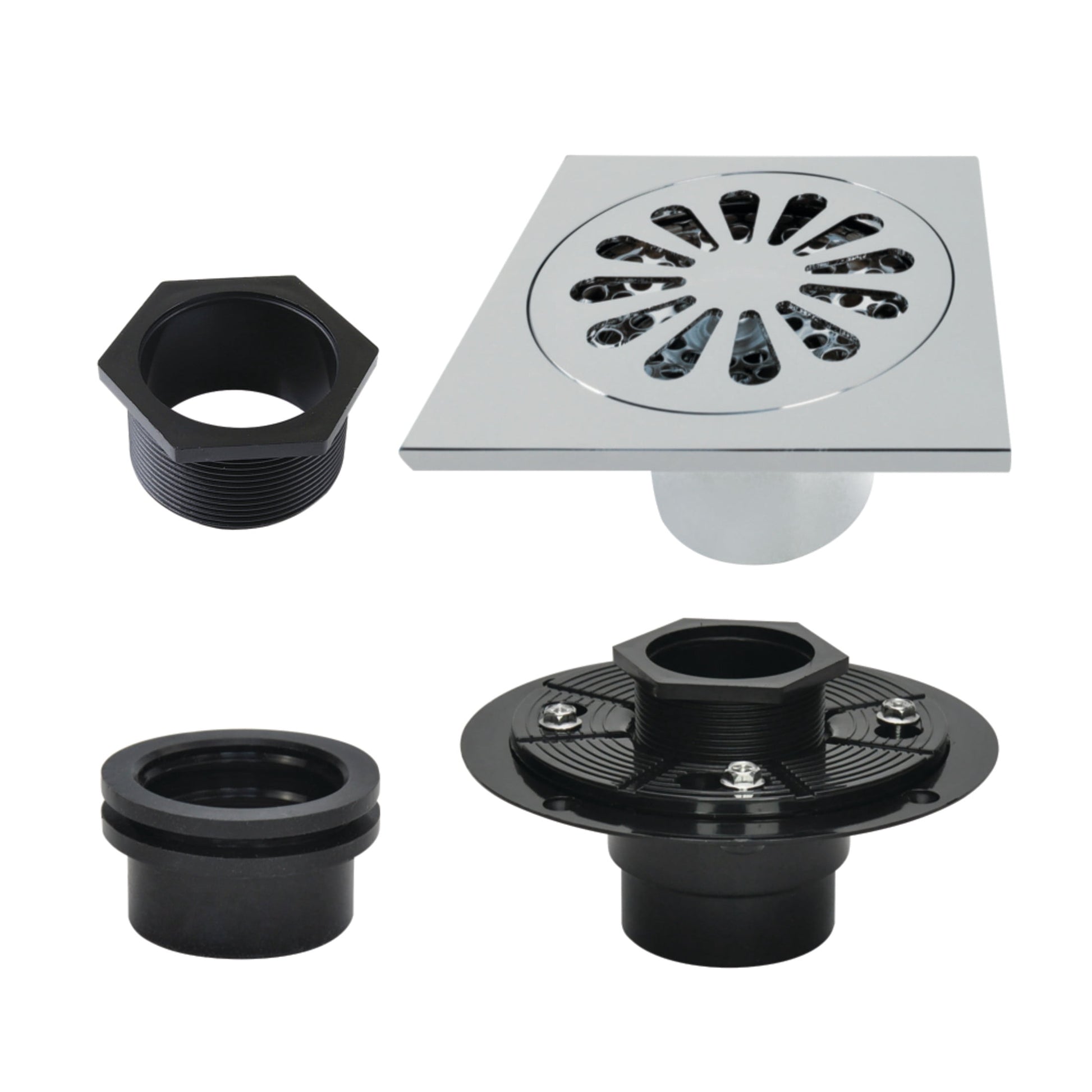 Kingston Brass BSFK4161C Watercourse 4-Inch Brass Square Grid Shower Drain with Hair Strainer and Base Flange in Polished Chrome