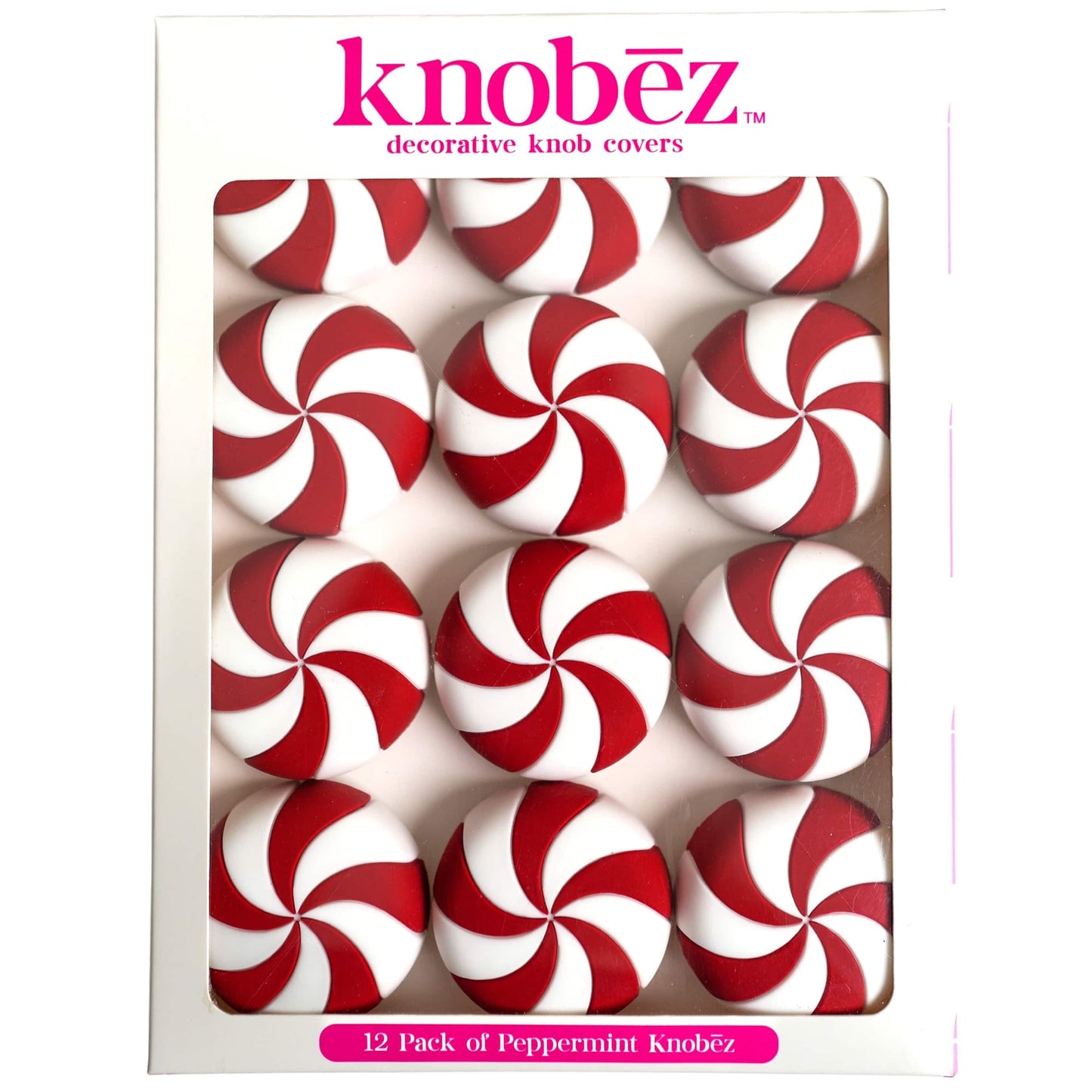 KnobÄ“z: Decorative Knob Covers - Red Peppermint - 12pk - Stretch Over Hardware Decorations, Holiday-Winter-Christmas, Kitchen-Bathroom-Dressers-Home