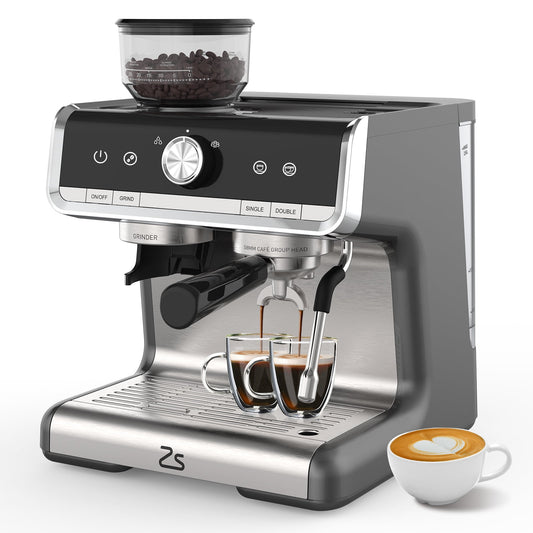 Kojooin Espresso Machine, Italian Espresso Machine,Built-In Grinder and Milk Frother,Capacity 2.8L,Interstellar Gray Electroplated Silver