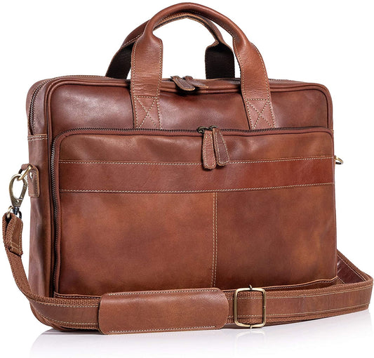 KomalC 16-Inch Leather briefcases Laptop Messenger Bags for Men and Women Best Office School College Satchel Bag Brown