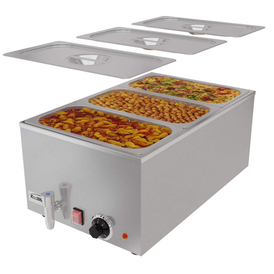 KoolMore 6 Qt. Stainless Steel Countertop Food Warmer with Faucet, Soup Station and Buffet Table with Three Serving Sections