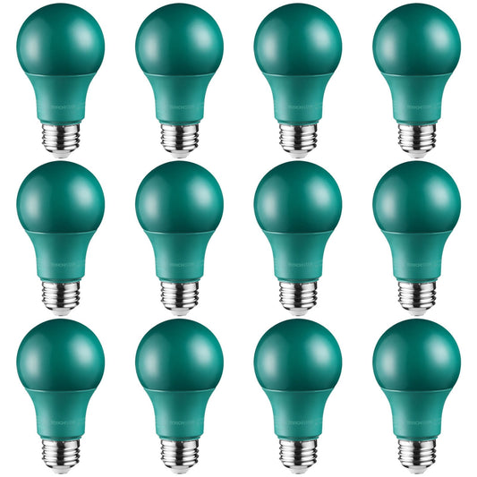 LED A19 Green Bulbs, 8W (40W Equivalent) Light Bulb, E26/E27 Base, Outdoor Bug Free Lights for Porch, Patio, Backyard, Entry Way, Pack of 12