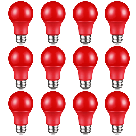 LED A19 Red Bulbs, 8W (40W Equivalent) Light Bulb, E26/E27 Base, Outdoor Bug Free Lights for Porch, Patio, Backyard, Entry Way, Pack of 12
