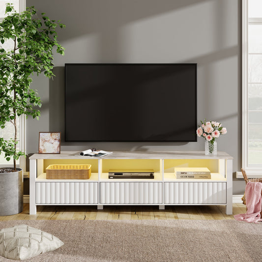 LED TV Stand for 75 inch, Modern Wood TV Console Media Storage Cabinet for 80 inch TV Entertainment Center with 6 Storages for Living Room Bedroom, White 70‘’