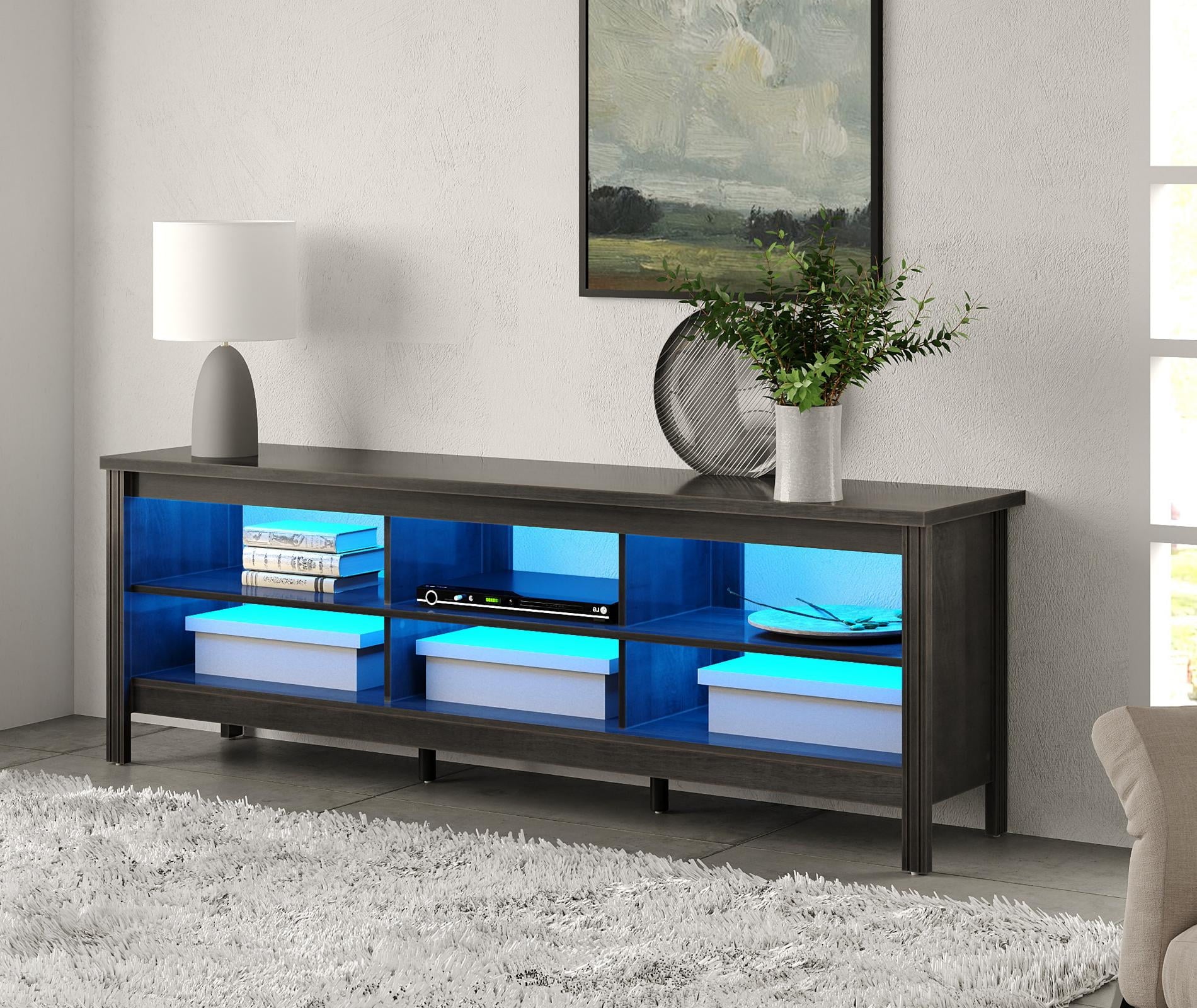 LED TV Stand for 75  Inch TV, Farmhouse TV Cabinet with 6 Storages, Black TV Console Table Entertainment Center for Living Room, 70 inch