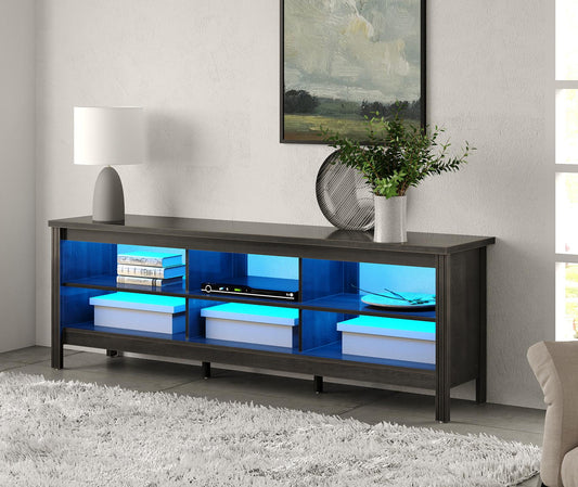 LED TV Stand for 75  Inch TV, Farmhouse TV Cabinet with 6 Storages, Black TV Console Table Entertainment Center for Living Room, 70 inch
