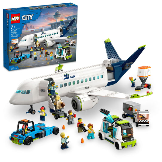 LEGO City Passenger Airplane 60367 Building Toy Set; Fun Airplane STEM Toy for Kids with a Large Airplane, Passenger Bus, Luggage truck, Container Loader, and 9 Minifigures