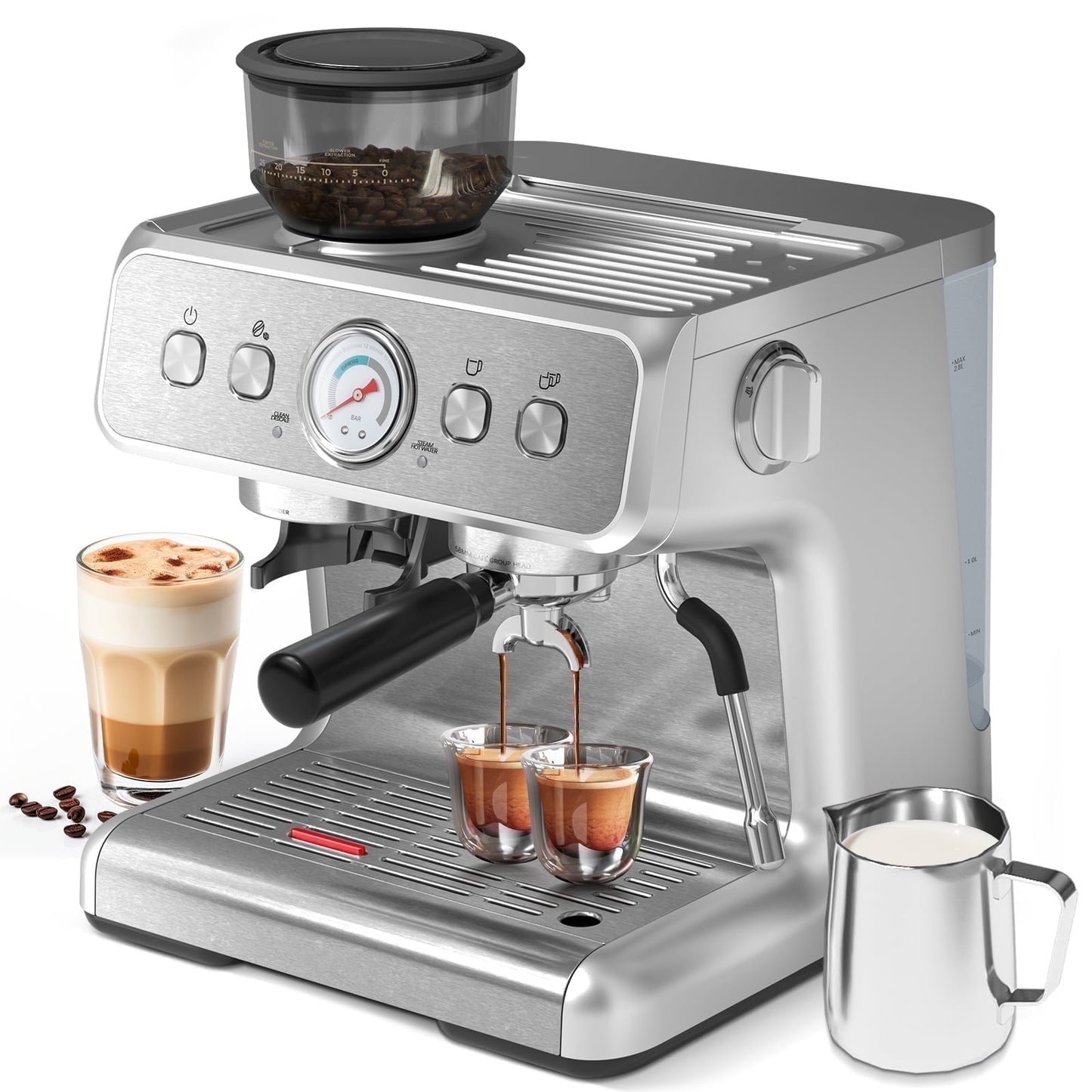 Moifoi 15 Bar Semi-Automatic Espresso Coffee Machine with Conical Burr Grinder and Steam Wand, 1&2 Cups - Silver, New