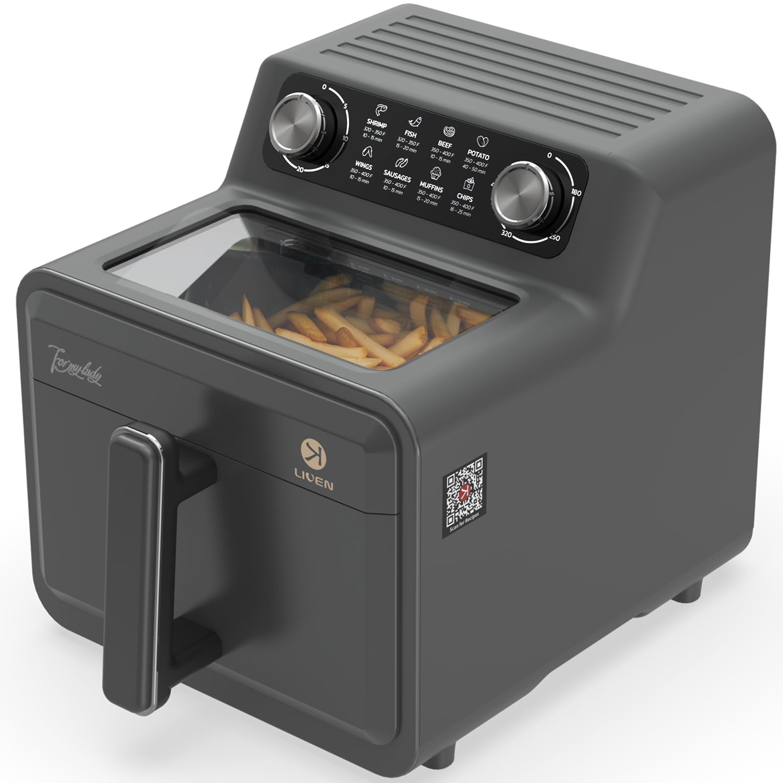 LIVEN Large Air Fryer 7 QT, Airfryer Family Size with 8 Preset Cooking, Viewing Window, Easy Clean, Low-noise for Quick Easy Meals French Fries Drumsticks Steak Bacon Fish Shrimp Cake, Grey
