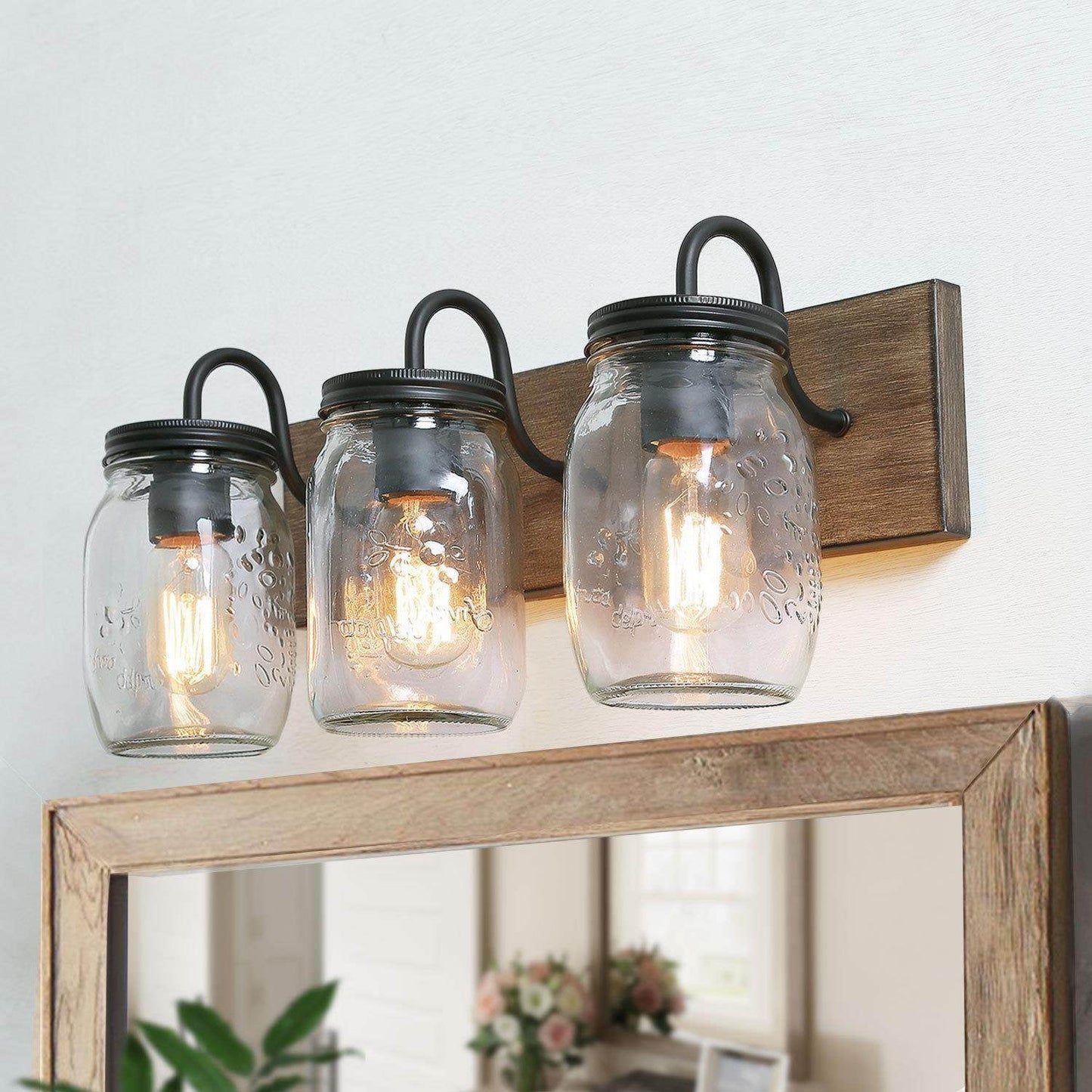 LNC 3-Light Farmhouse Bathroom Light with Mason Jar for Mirror Cabinets, Black Wood