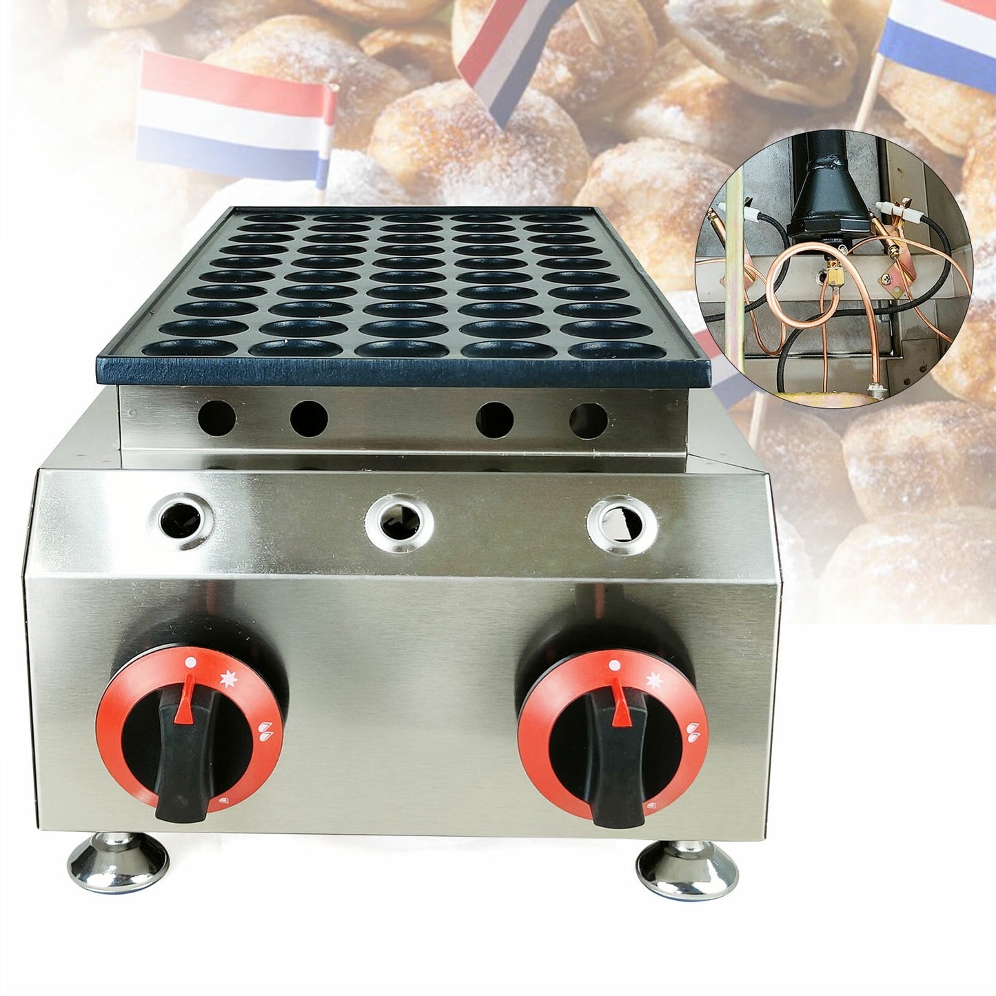 LPG Gas Mini Dutch Pancake Maker Machine 50 Holes Nonstick Poffertjes Mahine
