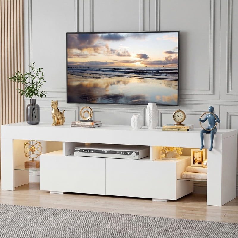 Lacoo 70" LED TV Stand for 70 Inch TV, Modern Media Console with 2 Extra Deep Drawers and RGB Light Strip, Gaming Entertainment Center with Open Glass Shelves