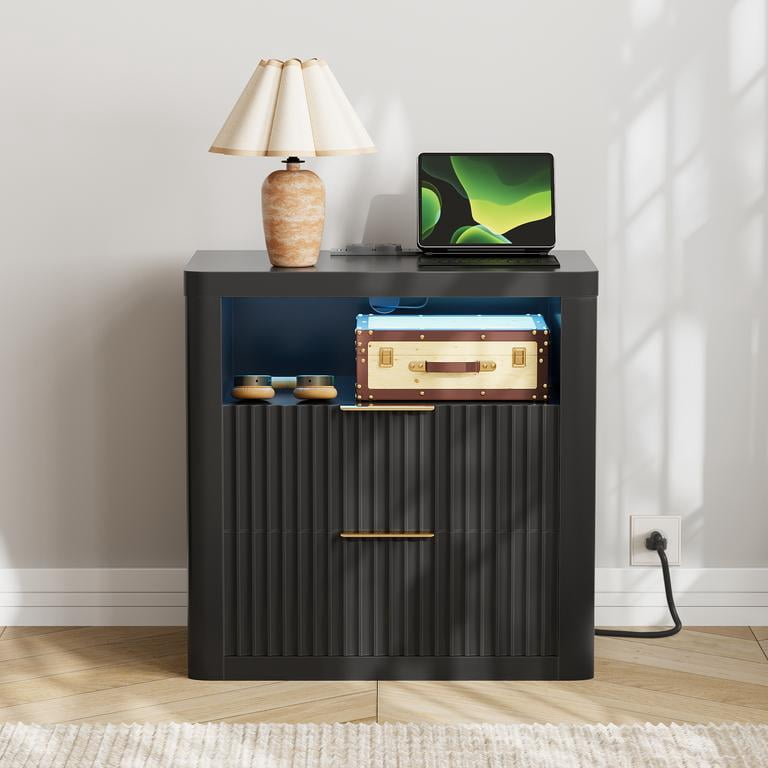 Lacoo End Table with Lights & Power Outlet, Fluted Nightstand with 2 Drawers for Bedroom, Sofa Side End Table for Living Room, Black