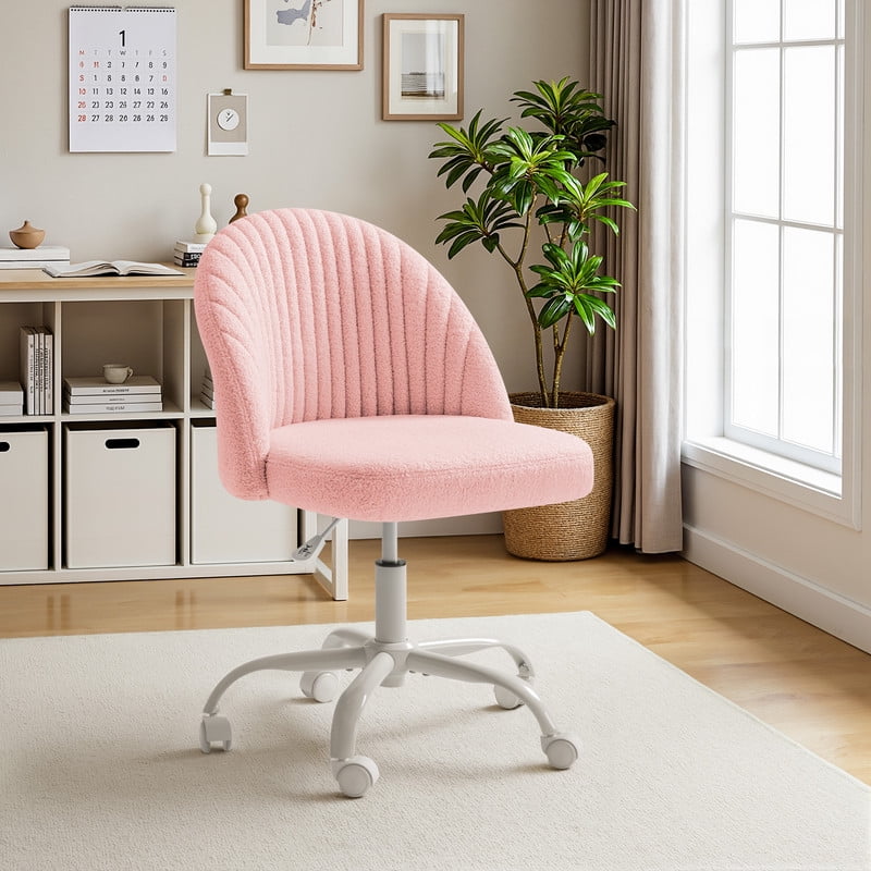 Lacoo Modern Vanity Chair with Back, Teddy Velvet Desk Chair for Bedroom, Living Room or Study,Small Office Chair,Pink